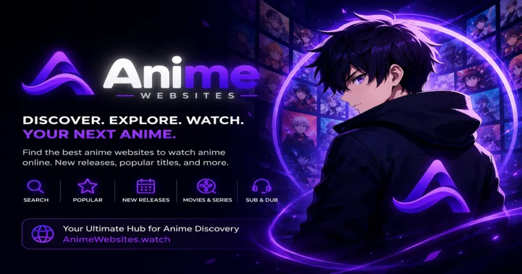 Anime Websites featured image with a purple neon anime theme, Anime Websites logo, and text promoting anime discovery and online anime viewing.